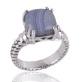 Голубой кружевной Агат блестящий камень &amp; стерлингового серебра зубец простое серебряное кольцо